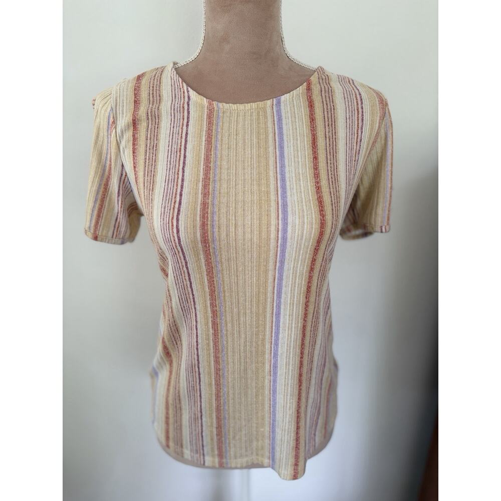 Another Reason Striped Ribbed Top Womens Short Sleeve Crisscross Sleeve Neutral